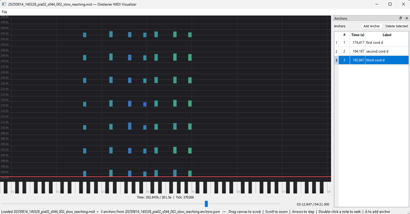 Main window — falling-keys canvas with the 88-key piano strip, the timeline slider, and the dockable anchor table on the right